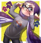  1girl black_shorts border closed_mouth commentary eyebrow_cut fuai_111 glasses grey_eyes grey_sweater inkling inkling_girl inkling_player_character long_hair outside_border pointy_ears print_sweater purple_hair round_eyewear shorts smile solo splatoon_(series) sweater symbol-only_commentary tentacle_hair thick_eyebrows very_long_hair white_border yellow_background 