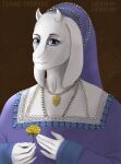 absurd_res anne_boleyn anthro blue_eyes bonnet bovid caprine cinnameana clothing dress english_text female flower goat headgear headwear hi_res historical jewelry looking_at_viewer mammal necklace plant portrait smile smiling_at_viewer text toby_fox_(copyright) toriel undertale undertale_(series)
