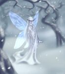 ambiguous_gender blue_wings clothed clothing fairy forest hair hi_res humanoid humanoid_pointy_ears insect_wings long_hair outside plant purple_eyes robe snow snowing solo taraelblackwing tree walking white_body white_hair white_skin winged_humanoid wings winter