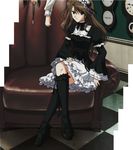  belt black_dress bow brown_hair dress frilled_skirt frills fujimura_yuzuki gothic green_eyes kneehighs lace long_hair long_sleeves myself_yourself screencap skirt socks solo_focus stitched third-party_edit 