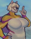 absurd_res anthro blue_background breasts diadorin featureless_breasts female fur hair hair_over_eyes hi_res hisuian_form hisuian_growlithe nintendo pokemon pokemon_(species) purple_body purple_fur regional_form_(pokemon) shiny_pokemon simple_background smile solo white_body white_fur white_hair yellow_body yellow_fur