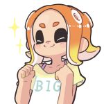  1girl blonde_hair clenched_hand closed_eyes closed_mouth commentary_request gradient_hair hekoningyou_(waraningyou) medium_hair multicolored_hair octoling octoling_girl octoling_player_character orange_hair print_shirt shirt simple_background smile solo sparkle splatoon_(series) tentacle_hair thick_eyebrows two-tone_hair upper_body white_background 