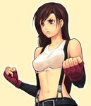  bad_id bad_pixiv_id bare_shoulders belt brown_hair clenched_hands earrings final_fantasy final_fantasy_vii fingerless_gloves gloves jewelry long_hair midriff red_eyes solo suspenders tank_top tifa_lockhart yuuji_(and) 