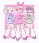  3girls absurdres black_footwear black_hair blonde_hair blossom_(ppg) blue_dress border bow bubbles_(ppg) buttercup_(ppg) commentary_request dress full_body green_dress hair_bow highres leg_warmers long_hair looking_at_viewer multiple_girls nicogoly open_mouth pink_background pink_dress powerpuff_girls short_twintails stuffed_animal stuffed_toy tongue tongue_out twintails white_border 