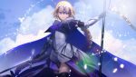  1girl armor battle_standard black_gloves black_thighhighs blonde_hair blue_cape cape chain closed_mouth cloud commentary_request cowboy_shot dress fate/grand_order fate_(series) flag glint gloves headpiece highres holding holding_flag holding_sword holding_weapon jeanne_d&#039;arc_(fate) jeanne_d&#039;arc_(ruler)_(fate) long_braid looking_at_viewer outdoors plackart purple_dress scabbard sheath sky smile solo standard_bearer sword thighhighs tsukimoto_aoi vambraces weapon 
