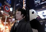  1boy 2_o_tori black_coat black_hair black_necktie black_suit city coat collared_shirt highres jujutsu_kaisen kusakabe_atsuya necktie outdoors panda_(jujutsu_kaisen) parted_lips road_sign shirt short_hair sign spiked_hair standing suit teeth toothpick trench_coat upper_body white_shirt 