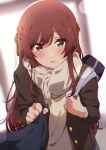  1girl absurdres bag blurry blurry_background blush bokeh braid brown_eyes brown_hair brown_jacket brown_scarf cardigan depth_of_field hair_ornament highres idolmaster idolmaster_shiny_colors jacket long_hair long_sleeves looking_at_viewer open_clothes open_jacket open_mouth osaki_amana pov reikakrzk scarf school_bag school_uniform shirt_tug solo upper_body 