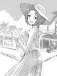  1girl antenna_hair bare_shoulders blush breasts chimney cloud cloudy_sky cowboy_shot dot_nose dress drum_(container) factory forehead greyscale hat highres holding idolmaster idolmaster_million_live! idolmaster_million_live!_theater_days large_breasts looking_back matcha_kingyo miura_azusa monochrome open_mouth palm_leaf palm_tree pamphlet pointing pointing_forward ribbon road see-through see-through_dress shade short_hair sidelocks signpost sky sleeveless sleeveless_dress smile solo sparkle standing sun_hat tire tree wire_fence 