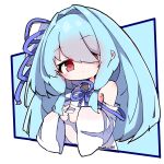  1girl bare_shoulders blue_hair closed_mouth detached_sleeves hair_intakes hair_over_one_eye hair_ribbon highres kotonoha_aoi leptom150 light_blue_hair long_hair long_sleeves looking_at_viewer one_eye_covered outside_border own_hands_together red_eyes ribbon shirt solo twitter_username upper_body voiceroid white_shirt white_sleeves wide_sleeves 