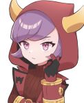  1girl closed_mouth courtney_(pokemon) dress gloves highres hood hood_up horned_hood horns pokemon pokemon_oras purple_eyes purple_hair red_dress red_sweater red_vest ribbed_dress ribbed_sweater sarada_(supersarada_zin) short_hair solo sweater sweater_dress turtleneck turtleneck_dress turtleneck_sweater upper_body vest white_background 