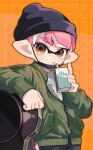  1boy beanie black_headwear brown_eyes commentary drinking drinking_straw green_jacket grid_background hat highres inkling inkling_boy inkling_player_character inset_border jacket juice_box looking_at_viewer male_focus nautilus_(splatoon) orange_background pink_hair pointy_ears sahata_saba short_hair solo sparkle splatoon_(series) splatoon_3 symbol-only_commentary tentacle_hair thick_eyebrows zipper zipper_pull_tab 