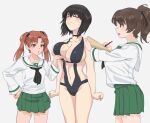  3girls black_choker black_hair black_slingshot_swimsuit blush breast_lift breasts brown_eyes brown_hair choker cleavage clenched_hands clipboard closed_eyes closed_mouth girls_und_panzer grabbing grabbing_another&#039;s_breast hand_on_own_hip highres huaronanago kadotani_anzu kawashima_momo koyama_yuzu large_breasts long_hair miniskirt multiple_girls navel ooarai_school_uniform open_mouth pen ponytail school_uniform short_hair simple_background skirt slingshot_swimsuit small_breasts swimsuit twintails white_background writing 