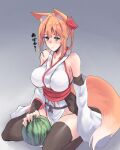  1girl animal_ear_fluff animal_ears aqua_eyes bare_shoulders black_thighhighs breasts detached_sleeves food fox_ears fox_girl fox_tail fruit hair_ornament orange_hair pelvic_curtain red_sash sash sawaya_(mizukazu) sitting solo tail thighhighs watermelon wide_sleeves 