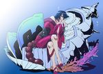  adiane blue_hair coral corset dress high_heels long_hair pairubanka pillow scorpion_tail seashell shell shoe_dangle shoes solo tail tattoo tengen_toppa_gurren_lagann underwater 