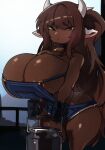 animal_humanoid big_breasts bovid bovid_humanoid bovine bovine_humanoid breasts brown_hair cattle_humanoid cleavage clothed clothing female green_eyes hair hi_res horn horned_humanoid huge_breasts humanoid long_hair looking_at_viewer mammal mammal_humanoid milk overalls short_stack solo standing thick_thighs unknown_character wide_hips zanamaoria