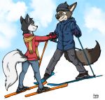 anthro bad_guy_cafe black_body black_fur brown_body brown_eyes brown_fur canid canine canis duo female fur hand_holding mammal nix_(mick-fries) ski skiing white_body white_fur wolf wolfgang_jaeger_(readerno31142) yellow_eyes ziegelzeig