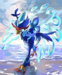 beach beak blue_eyes blue_feathers cloud commentary_request feathers fusenryo highres horizon pokemon pokemon_(creature) quaquaval standing standing_on_one_leg water 