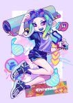  1girl :d absurdres adjusting_eyewear artist_name black_shorts border breast_curtain burst_bomb_(splatoon) carbon_roller_(splatoon) citrusplatsoda commentary_request dolphin_shorts eyelashes eyewear_on_head full_body gradient_hair green_hair hand_on_eyewear highres holding holding_weapon medium_hair multicolored_hair octoling octoling_girl octoling_player_character open_mouth outside_border purple_border red_eyes sandals short_shorts shorts smile solo splashtag_(splatoon) splatoon_(series) splatoon_3 sunglasses teeth tentacle_hair upper_teeth_only weapon white_background 
