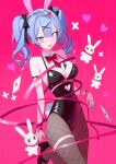 1girl absurdres ace_(playing_card) ace_of_hearts ace_of_spades animal_ears bare_arms bare_shoulders black_leotard blue_eyes blue_hair blush bound bow bowtie breasts card clothing_cutout cutout_above_navel detached_collar fake_animal_ears fake_tail fishnet_pantyhose fishnets hair_ornament hairband hatsune_miku heart heart_cutout heart_hair_ornament highres large_breasts leotard looking_at_viewer necktie pantyhose pink_background pink_bow pink_bowtie pink_necktie pink_pupils playing_card rabbit_ears rabbit_hole_(vocaloid) rabbit_tail ribbon simsimhea spade_(shape) spaghetti_strap tail tied_up_(nonsexual) vocaloid white_hairband x_hair_ornament 