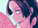  1girl bad_id bad_twitter_id blue_background boa_hancock close-up closed_mouth earrings eyelashes forehead from_side hime_cut jewelry long_hair looking_at_viewer one_piece pink_theme portrait profile simple_background snake_earrings solo straight_hair translation_request wl6yugi8go1 