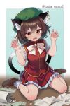  1girl animal_ear_fluff animal_ear_piercing animal_ears bow bowtie breasts brown_eyes brown_hair cat_ears cat_tail chen commentary_request earrings frills full_body gold_trim green_headwear hands_up hat highres jewelry looking_at_viewer mob_cap multiple_tails nekomata petticoat red_skirt red_vest short_hair short_sleeves single_earring sitting skirt skirt_set small_breasts solo tada_no_nasu tail touhou two_tails vest wariza white_bow white_bowtie 