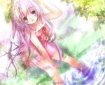  between_thighs brown_eyes copyright_request dress dutch_angle grass ichiyou_moka long_hair looking_up md5_mismatch purple_hair ripples shade sitting soaking_feet solo sparkle tree water 