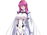  1girl aqua_eyes armlet blush bodysuit breasts cleavage cloak covered_navel covered_nipples elbow_gloves gentle_sasaki gloves highres large_breasts long_hair non-web_source open_mouth pink_hair shindou_hatsune soukou_senki_prism_raker straight_hair white_bodysuit white_cloak 