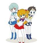  2girls androgynous ayanami_rei bishoujo_senshi_sailor_moon blue_choker blue_eyes blue_footwear blue_hair blue_sailor_collar blue_skirt boots bow choker cosplay covering covering_crotch crossdressing gen hand_on_hip ikari_shinji knee_boots lowres magical_girl multiple_girls neon_genesis_evangelion oekaki ogata_megumi parody red_eyes red_hair red_sailor_collar red_skirt sailor_collar sailor_mars sailor_mars_(cosplay) sailor_mercury sailor_mercury_(cosplay) sailor_senshi sailor_senshi_uniform sailor_uranus sailor_uranus_(cosplay) seiyuu_connection short_hair skirt skirt_tug souryuu_asuka_langley v yellow_bow 