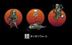  1boy absurdres assault_visor blue_jacket brown_gloves copyright_name death gloves green_pants gun helmet highres holding holding_gun holding_weapon jacket jumping looking_ahead multiple_views official_art pants pixel_art r-101c_carbine rifle shadow shir0kuma skull titanfall titanfall_(series) weapon 