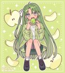  1girl ahoge artist_name blush_stickers buttons emma_(kumaema) fangs fingernails food full_body green_background green_jacket green_theme grey_eyes hair_ribbon hands_up highres holding holding_food inset_border jacket long_hair long_sleeves looking_at_viewer nashi_pear one_side_up open_clothes open_jacket original outline parted_bangs pear_slice pencil_skirt ribbon shirt shoes skirt sneakers socks solo squatting very_long_hair white_outline white_ribbon white_shirt white_socks 