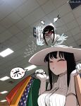  2girls black_hair blush ceiling closed_eyes crying doodle_shark dress fluorescent_lamp gloves happy hasshaku-sama heart highres long_hair meme multiple_girls parted_lips photo_background sadako_ceiling_tv_redraws_(meme) scared smile speech_bubble spoken_heart teeth television the_ring tile_ceiling tiles translation_request white_dress white_gloves white_headwear yamamura_sadako 