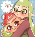  1boy 1girl agent_3_(splatoon) agent_8_(splatoon) artist_name blue_background blush closed_mouth commentary_request date_pun dated green_eyes green_hair heart hood hoodie hug inkling inkling_girl inkling_player_character long_hair marie_cnh mohawk number_pun octoling octoling_boy octoling_player_character pointy_ears red_eyes red_hair red_hoodie short_hair splatoon_(series) splatoon_1 splatoon_2 splatoon_2:_octo_expansion tentacle_hair thick_eyebrows twitter_username upper_body 