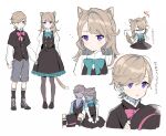  1boy 1girl animal_ear_fluff animal_ears black_capelet black_dress black_footwear black_headwear black_socks black_vest blue_bow blue_bowtie blush boots bow bowtie brother_and_sister buttons capelet cat_ears cat_girl cat_tail clenched_hand clenched_hands closed_eyes closed_mouth collared_shirt dress frills full_body garter_belt genshin_impact grey_footwear grey_pantyhose grey_shorts hair_between_eyes hands_up hat holding holding_clothes holding_hands holding_hat juliet_sleeves light_brown_hair long_hair long_sleeves looking_at_viewer looking_to_the_side lynette_(genshin_impact) lyney_(genshin_impact) mozu_(modagoro) open_mouth pantyhose pinafore_dress pink_bow pink_bowtie puffy_long_sleeves puffy_sleeves purple_eyes shirt shoes short_hair shorts siblings simple_background sitting sleeping sleeveless sleeveless_dress socks standing tail top_hat translation_request twins unworn_hat unworn_headwear upper_body v-shaped_eyebrows vest white_background white_shirt 