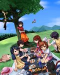  ahoge black_hair blue_eyes blue_hair boots broom broom_riding brown_eyes brown_hair camera cat copyright_request dog dress hairband hat highres kasou_(km6i) kneehighs multiple_girls nature obentou picnic socks thighhighs thumbs_down 