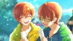  2boys ahoge aoi_kyosuke aoi_yusuke artist_name blue_sky blurry blurry_background brothers building closed_eyes collarbone day glasses green-framed_eyewear green_hoodie hair_between_eyes highres holding holding_paper hood hood_down hoodie idolmaster idolmaster_side-m idolmaster_side-m_live_on_stage! lens_flare lens_flare_abuse long_sleeves medium_bangs multiple_boys new_year official_alternate_costume omikuji open_mouth outdoors paper semi-rimless_eyewear short_hair shrine siblings signature sky smile sunyack teeth tongue tree twins twitter_username under-rim_eyewear w_(idolmaster) yellow_hoodie 