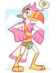 2_toes anthro avian backwards_cap bird briefs bulge clothing colored_seam_underwear emoticon feet goronic hair heart_symbol hi_res male pink_hair shirt simple_background solo speech_bubble tank_top toes topwear toucan underwear