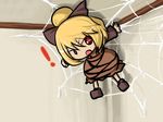  &gt;:( 1girl blonde_hair bow chibi d: frown hair_bow hair_bun hakika insect_girl kurodani_yamame looking_at_viewer open_mouth red_eyes ribbon silk solo spider_girl spider_web touhou v-shaped_eyebrows 