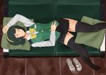  arm_up artist_name black_legwear bow bowtie closed_eyes couch cushion fuyube_gin_(huyube) green_hair hairband hand_on_own_stomach idolmaster idolmaster_(classic) lying mole mole_under_mouth name_tag on_back otonashi_kotori pencil_skirt shoes shoes_removed short_hair signature skirt sleeping solo thighhighs 
