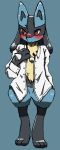  blue_background blush bottomless chizi clothed_pokemon creatures_(company) full_body furry game_freak gen_4_pokemon hand_up long_sleeves looking_down lucario nintendo no_humans nose_blush open_clothes open_shirt paws pokemon pokemon_(creature) shirt simple_background solo standing white_shirt 