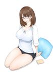  anegasaki_nene bad_id bad_pixiv_id breasts brown_eyes brown_hair denim denim_shorts glasses highres large_breasts libre looking_at_viewer love_plus mole mole_under_eye pillow seiza shorts simple_background sitting solo white_background 