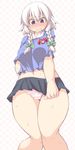  bad_id bad_pixiv_id blue_eyes blush braid embarrassed izayoi_sakuya kindergarten kindergarten_uniform midriff panties plump short_hair silver_hair skirt skirt_tug solo sweat touhou twin_braids undersized_clothes underwear upskirt ushi wide_hips 