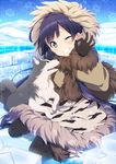  bad_id bad_pixiv_id blue_hair blush brown_eyes cloud coat day fur_trim grin igloo long_hair ok_sign one_eye_closed original parka sama sitting sky smile snow snow_shelter snowflakes solo wariza wolf 