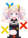  1girl :d animal_ears armpits arms_up atg_(wttoo0202) bangs bare_shoulders black_dress blonde_hair blue_eyes blunt_bangs blush cat_ears cleavage_cutout d-pad d-pad_hair_ornament dress eyebrows_visible_through_hair fake_animal_ears grey_hair hair_ornament hairclip highres kaguya_luna kaguya_luna_(character) long_hair looking_at_viewer multicolored_hair navel navel_cutout open_mouth play_button red_hair ribbon round_teeth sleeveless sleeveless_dress smile solo spread_fingers streaked_hair teeth twintails upper_body virtual_youtuber white_background white_ribbon wrist_ribbon younger 