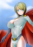  1girl belt blonde_hair blue_eyes breasts cape cleavage cleavage_cutout cloud dc_comics female gloves highres large_breasts leotard power_girl rorschach_(pixiv2676323) short_hair sky solo tennkai-akeci_mirakuru 