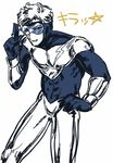  1boy bodysuit booster_gold dc_comics goggles male male_focus monochrome salute solo superhero wink 