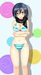  bikini black_eyes black_hair breasts cleavage highres medium_breasts mikasa_ackerman scarf shiguko shingeki_no_kyojin short_hair solo striped striped_bikini swimsuit 