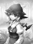  animal_ears forest greyscale hat highres monochrome mystia_lorelei nature outdoors short_hair solo touhou tree upper_body wings you_naka 