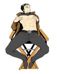  1boy abs batman_(series) belt chair dc_comics full_body jacket jason_todd male male_focus midriff multicolored_hair nimby self_fondle self_fondling shirt_lift sitting solo two-tone_hair yaoi 