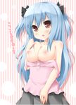  blue_hair blush breasts karaage3 large_breasts long_hair original solo striped striped_background translated two_side_up vertical-striped_background vertical_stripes 