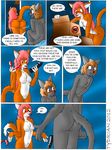  anthro anxious bedroom blush breasts brown_hair butt cat closet comic dialog dildo double_dildo duo embarrased embarrassed english_text excited feeldoe feline female fur green_eyes grey_fur hair male mammal nude orange_fur pink_hair pussy revealing sex_toy shy surprise text toy toys tydrian wiggle 